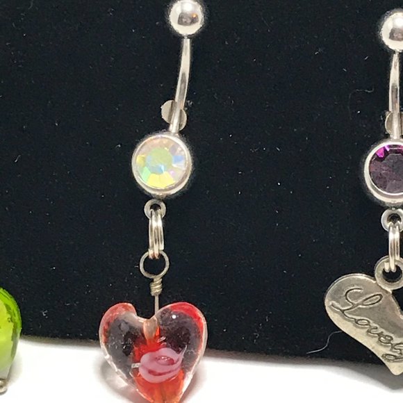 Red Lamp work Glass Heart Dangle Belly Rings - Picture 4 of 9
